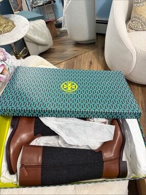 Tory Burch Brown Leather and Black Fabric Knee-High Heeled Boots